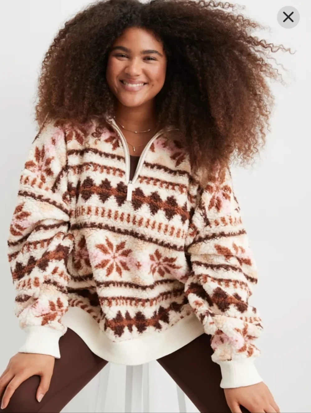 Aerie Hometown Holiday Quarter Zip Sweatshirt Fleece Sherpa Medium Snowflake - Picture 2 of 4